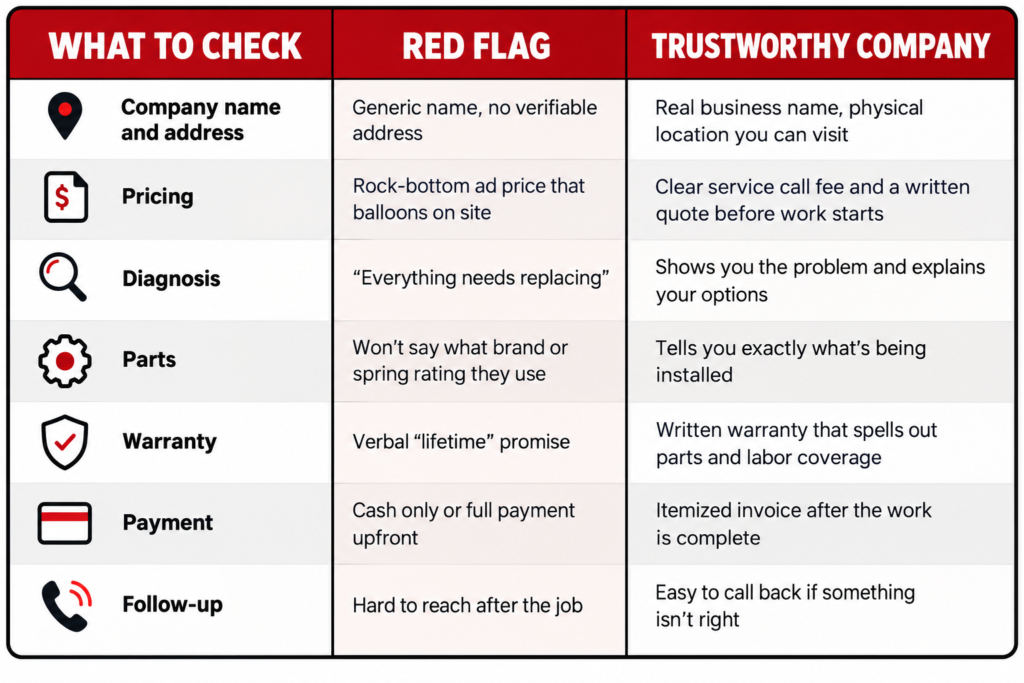 garage door repair scam company vs trustworthy garage door company comparison table